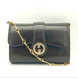 GUCCI GG Brown Leather Gold Tone Chain Crossbody Bag Purse